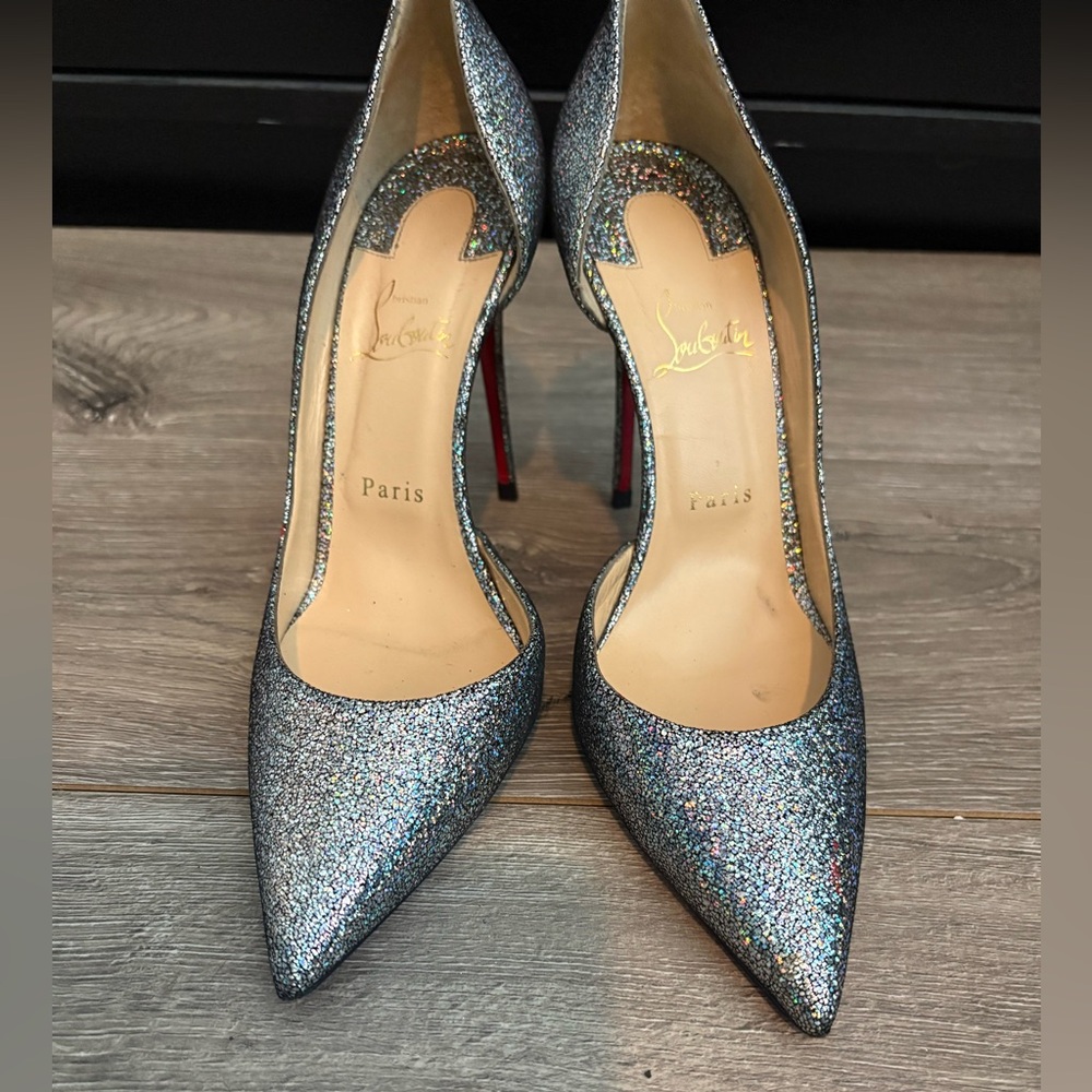 Christian Louboutin Iriza Silver Iridescent Glitter Pointed Toe Stilettos